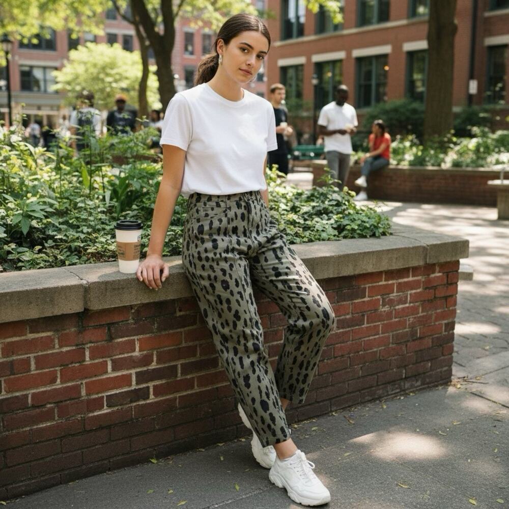 NWT Scoop Women 0 Leopard GreenBlack Barrel Jeans Stretch Bull Denim Streetwear - Picture 1 of 10